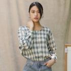 Round-neck Checked Blouse Light Beige - One Size