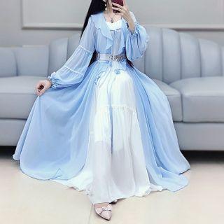 Set: Spaghetti Strap Maxi A-line Dress + Long-sleeve Ruffle Trim Long Jacket