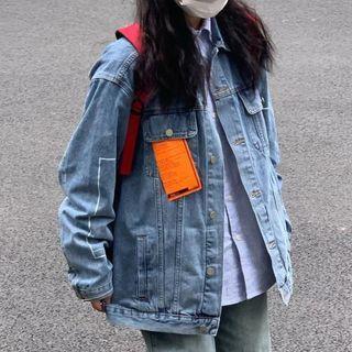 Lettering Applique Denim Jacket Blue - One Size