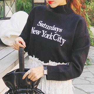 Mock-neck Lettering Embroidered Sweater