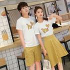 Couple Matching Short-sleeve Applique T-shirt / Plaid A-line Skirt / Shorts