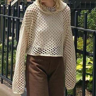 Long Sleeve Crochet Loose-fit Knit Top