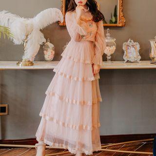 Set: Mock-turtleneck Balloon-sleeve Blouse + Floral Embroidered Midi Layered Chiffon Dress