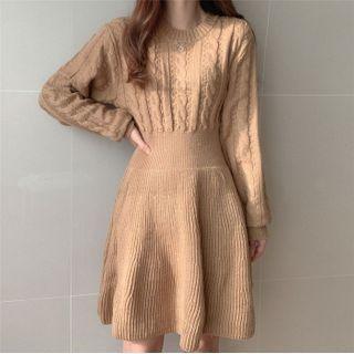 Plain Cable Knit Mini A-line Dress