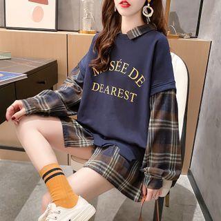 Mock Two-piece Plaid Long-sleeve Lettering Top