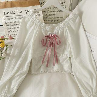 Off-shoulder Lace-trim Lace-up Crop Top