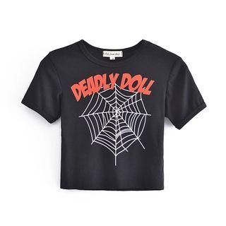 Short-sleeve Spiderweb Print Vintage Cropped T-shirt