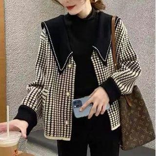 Sailor Collar Houndstooth Jacket Black & White - One Size