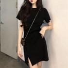 Short-sleeve Round-neck Slit Dress