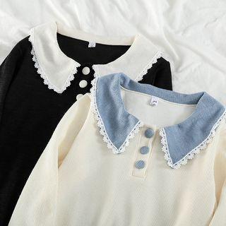 Color-block Lace Long-sleeve Loose-fit Blouse
