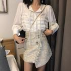 Lace Long-sleeve Blouse / High-waist A-line Skirt