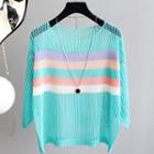 3/4-sleeve Striped Paneled Perforated Knit Top