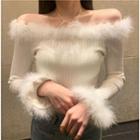 Fluffy Trim Off-shoulder Ribbed Knit Top / Halter Cropped Camisole Top