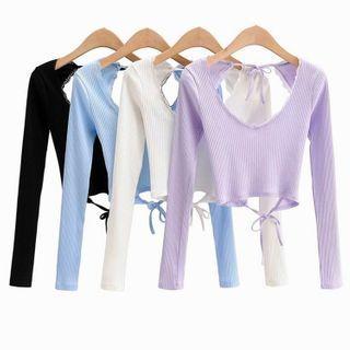 Lace Trim Open-back Cropped Rib Knit Top
