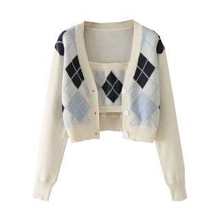 Set: Argyle Knit Bandeau Top + Cardigan Set Of 2 - Bandeau Top & Cardigan - Black Argyle - White - One Size