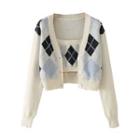 Set: Argyle Knit Bandeau Top + Cardigan Set Of 2 - Bandeau Top & Cardigan - Black Argyle - White - One Size