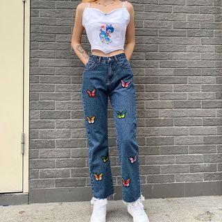Butterfly Embroidered Wide Leg Jeans