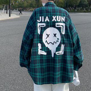Smiley Face Print Plaid Shirt Jacket