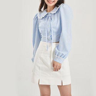 Long-sleeve Peter Pan Collar Plaid Flower Trim Top