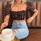 Puff Sleeve Leopard Print Cropped Top