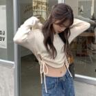Plain Hooded Drawstring Cropped Knit Top