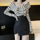 Striped Knit Top / Faux Leather Pencil Skirt