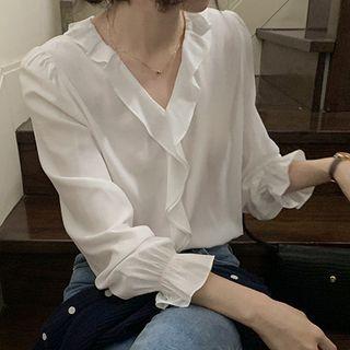 Long-sleeve V-neck Plain Ruffle Shirt