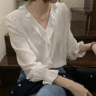 Long-sleeve V-neck Plain Ruffle Shirt
