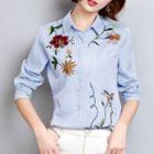 Floral Embroidered Long-sleeve Striped Shirt