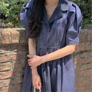 Puff-sleeve A-line Denim Shirtdress