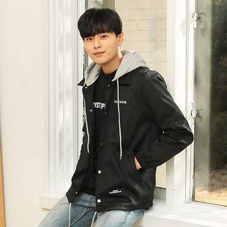 Detachable-hood Lettering Snap-button Jacket