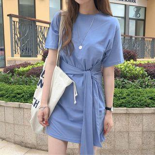 Short-sleeve Tie-waist Mini T-shirt Dress Blue - One Size