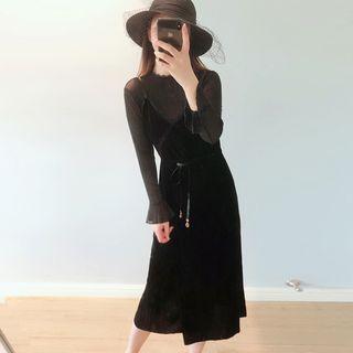 Set: Long-sleeve Mesh Top + Velvet Midi Spaghetti Strap Dress