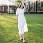 Off-shoulder Lace-trim Midi Dress