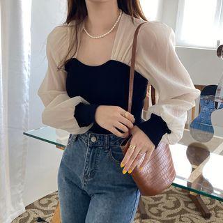 Square-neck Two-tone Blouse
