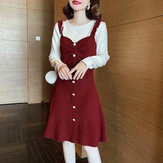 Mock Two-piece Shirred Ruffled Knit Dress