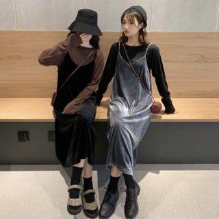 Long-sleeve Plain T-shirt / Velvet Sleeveless Dress