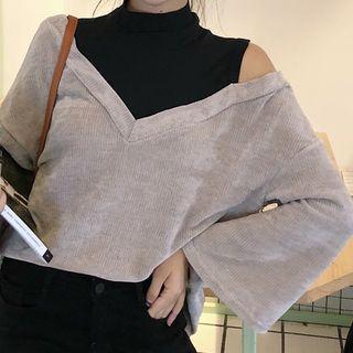 Mock Two-piece Off-shoulder Top As Shown In Figure - One Size
