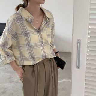 Long-sleeve Lapel Color-block Plaid Shirt