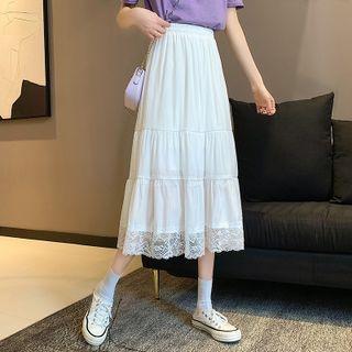 Lace Trim Tiered Midi A-line Skirt