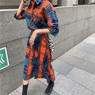 Plaid Long-sleeve Loose-fit Shirt / Asymmetric Midi Skirt