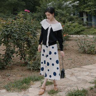 Set: Contrast Trim Cardigan + Midi A-line Skirt