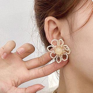 Flower Bead Earring 1 Pair - White & Gold - One Size