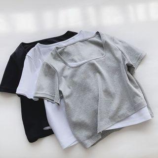 Short-sleeve Mock Two-piece Square-neck T-shirt