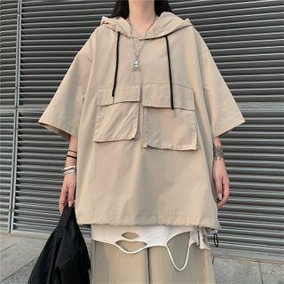 Set: Pocket Detail Hooded Elbow-sleeve Top + Shorts