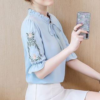 Flower Embroidered Short-sleeve Chiffon Blouse