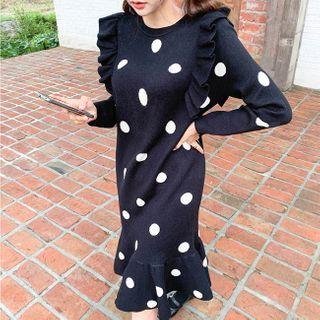 Frill-trim Polka-dot Knit Dress