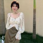 Bell-sleeve Floral Print Chiffon Blouse / Midi A-line Skirt