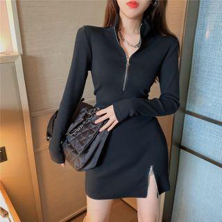 Long-sleeve Mock-neck Half-zip Knit Mini Dress