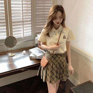 Short-sleeve Collar Embroidered T-shirt / Plaid Mini Pleated Skirt / Set